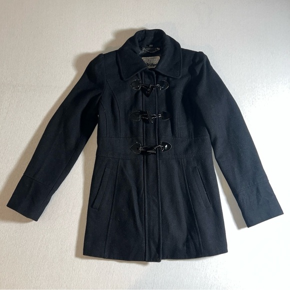 Guess Wool Blend Vintage Style Pea Coat with Puff Sleeves in Black, Size Medium - Picture 1 of 9